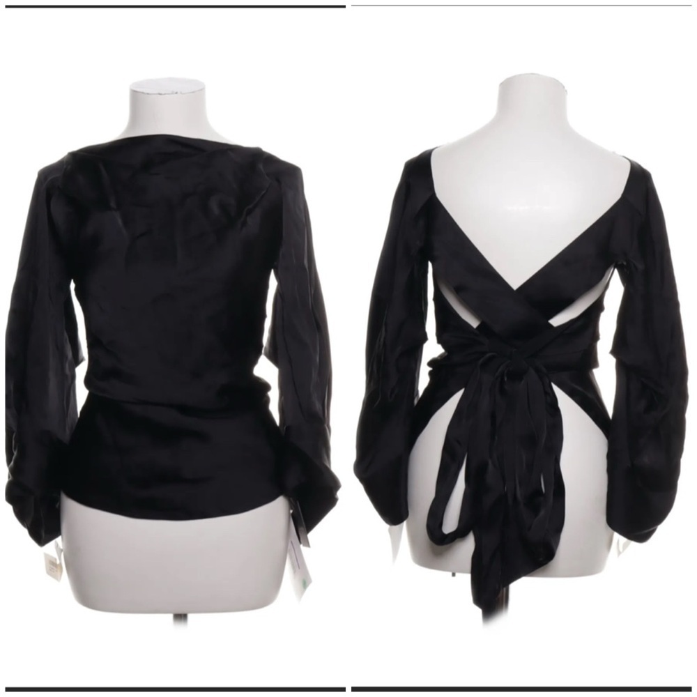 Nwt Petar Petrov Cosima Cross Back Wrap Blouse Black Satin Sz 44 — image 2 of 8
